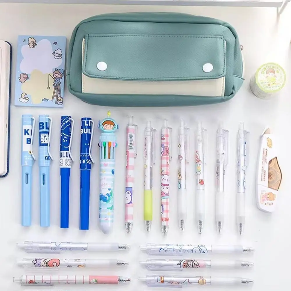 Large Capacity Student Pencil Case Flip Style Morandi Color Simple Pencil Pouch Press Button Canvas Gel Pen Organizer Kids