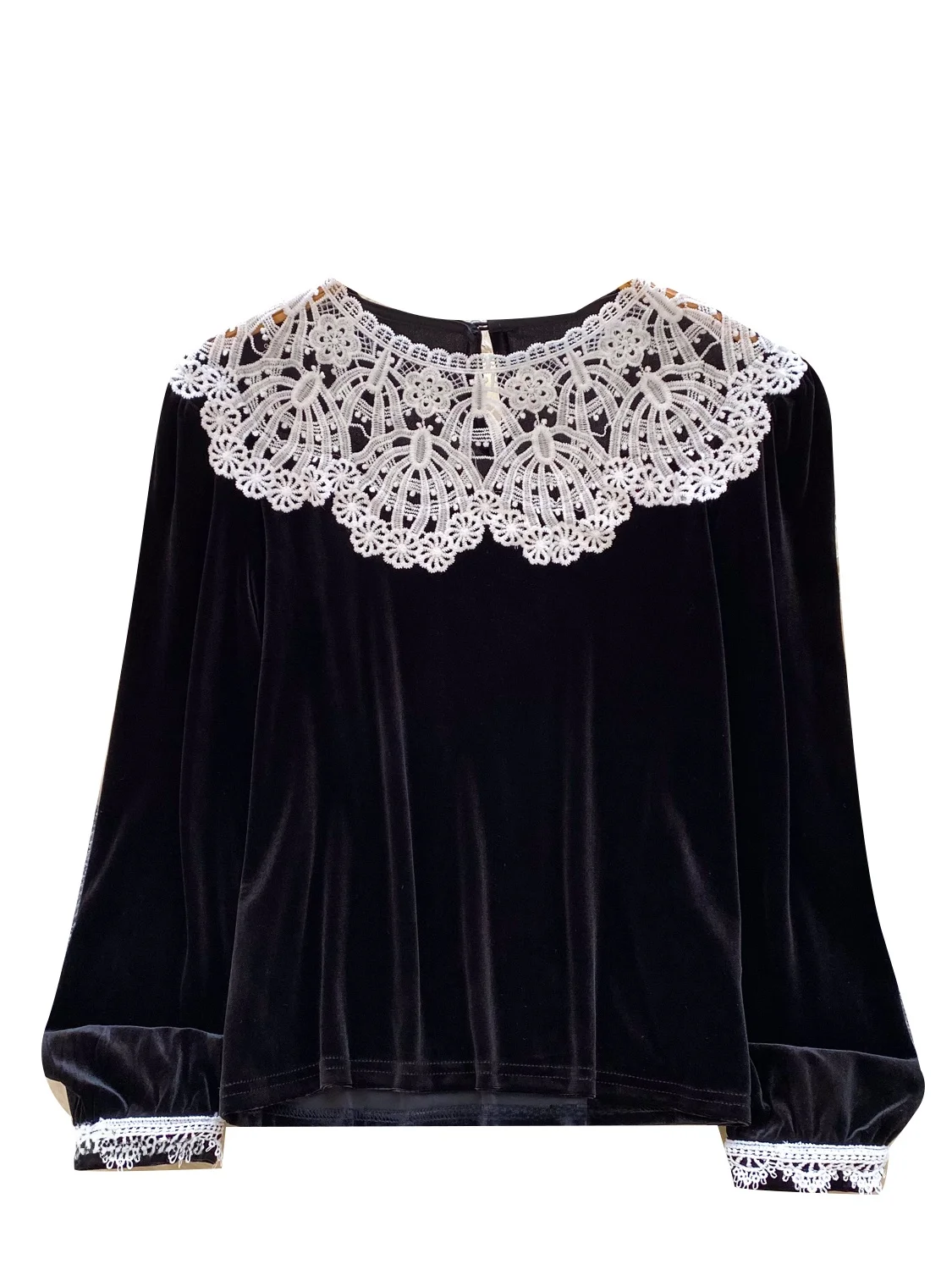 レトロなレーストリムベルベットパッチワークロングスリーブレディースirtデザインスリムトップ韓国sle通勤ファイオン夏服