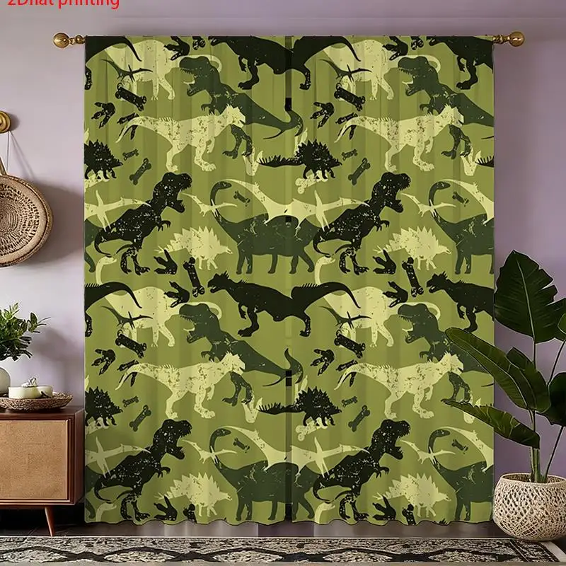 Cute Dinosaur Curtains 2pcs Jungle Print Camouflage Kids Room Decor Window Drapes T-Rex Safari Nursery Backdrop Curtain Pair