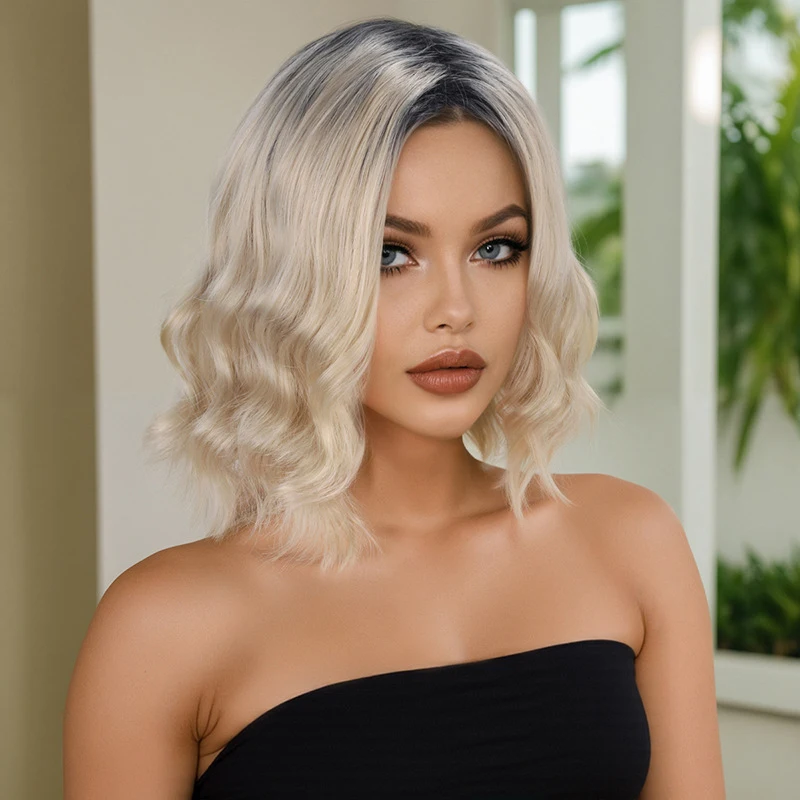 New European and American fashion platinum-blonde short curly synthetic fiber machine-woven full wig with brown highlights at th