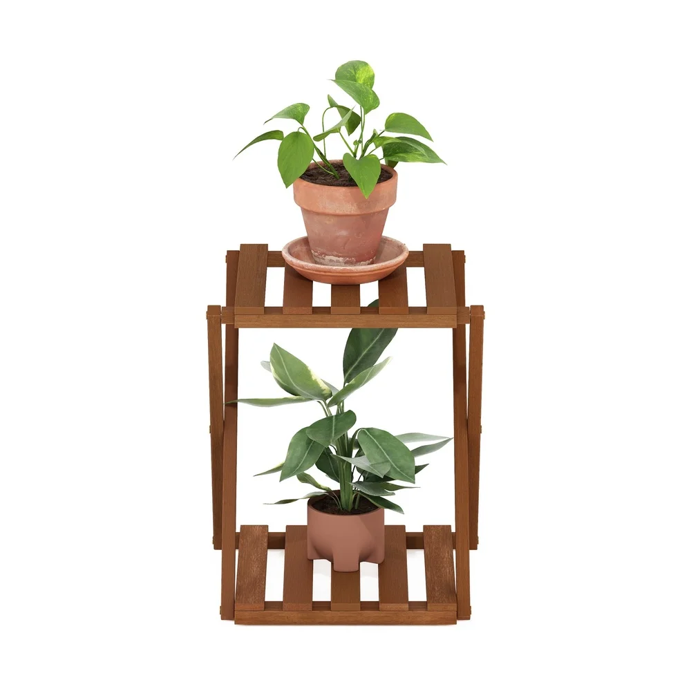 Outdoor Toolless Multipurpose Folding Display Shelf Plant Stand Side Table 2-Tier Natural Wood Water Resistant Compact Design