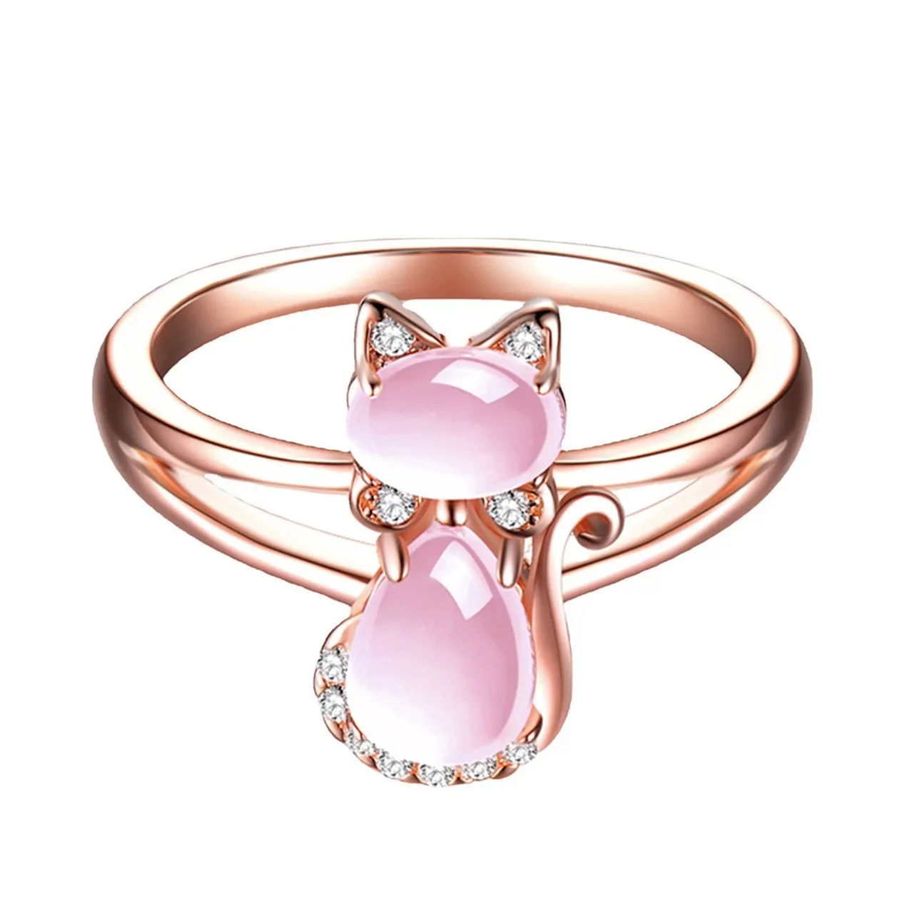 

Rose Gold Plated Pink Cat Ring, Cute Kitten Shaped Opal Zircon Ring, Sweet Women's Fashion Jewelry Cross-Border Hot Sale