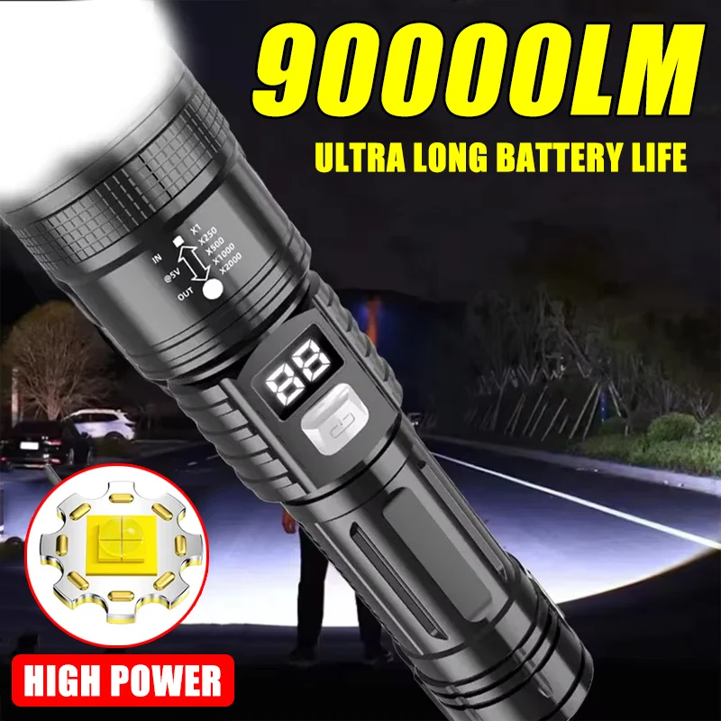 90000LM LED Strong Light Flashlight Telescopic Zoom Multifunctional Outdoor Waterproof Portable Emergency Lighting Torch