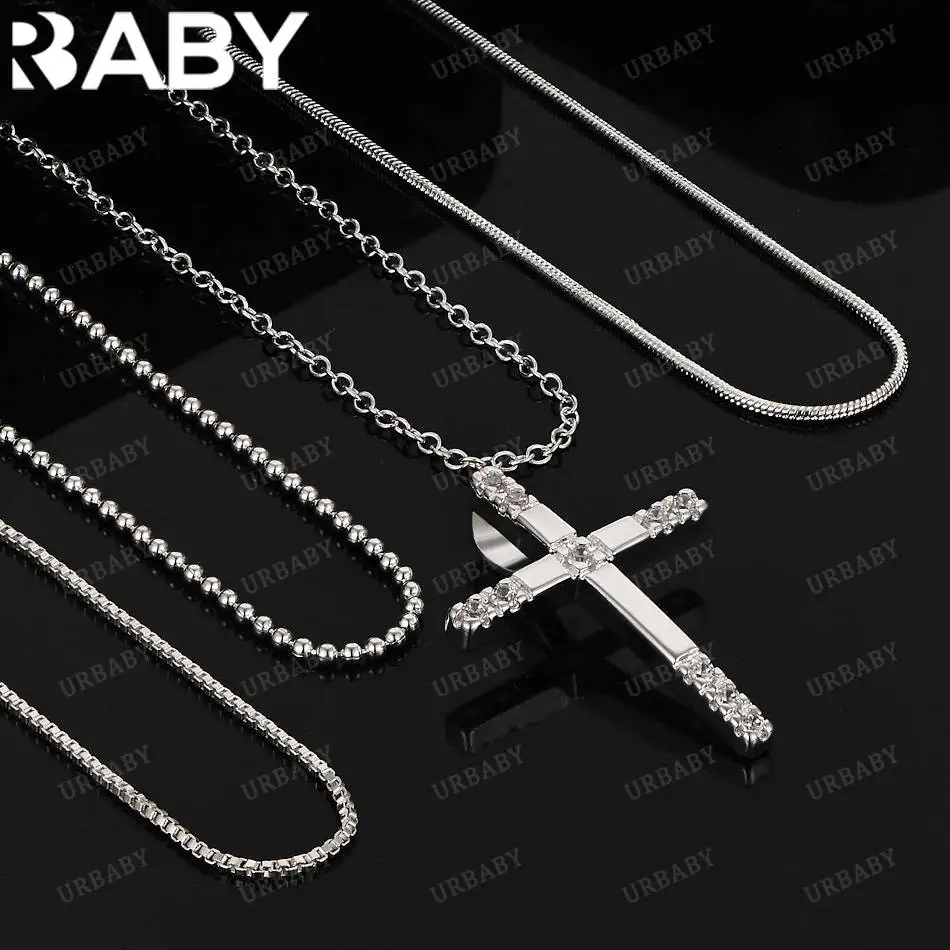 

URBABY 40-75cm 925 Sterling Silver Zircons Cross Pendant Necklace For Women Men Anniversary Gift Popular Wild Fashion Romantic