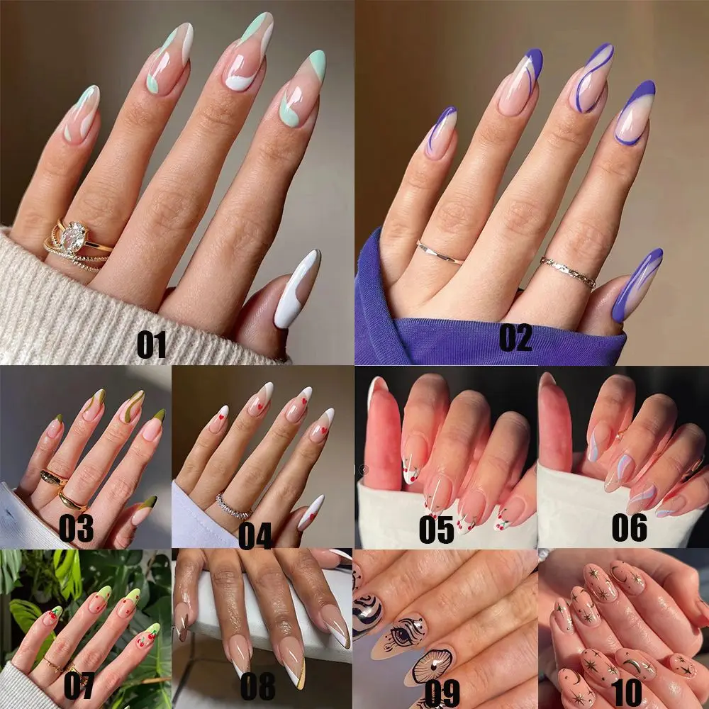 24pcs/Box Press On Nails Full Cover Manicure Tool French Stiletto Fake Nails Nail Tips Wearable Almond False Nails