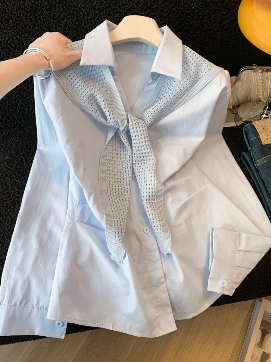 

Летний женский вязаный топ с длинным рукавом в синих тонах, модный новый дизайн, универсальный, свободного кроя, в корейском стиле, для повседневной носки, коллекция 2026 года