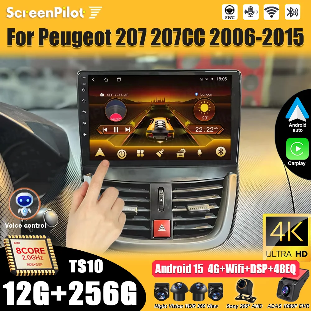 Android 15 Per Peugeot 207 207CC 2006-2015 Autoradio Lettore Video Multimediale 2 din Carplay Bluetooth Touch Screen 8 Core Wifi 4G