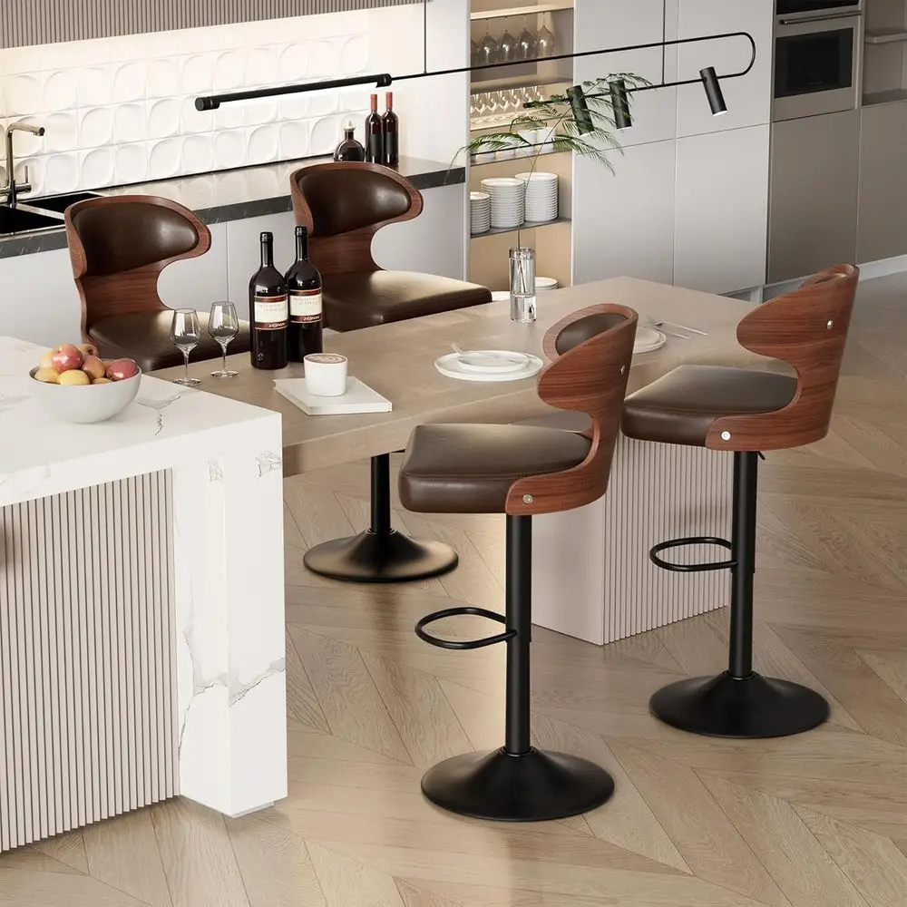 

Набор из 4 регулируемых по высоте вращающихся барных стульев с кожаной обивкой и спинкой для кухни или столовой, коричневый