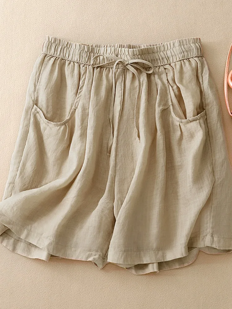 Calça casual de algodão e linho com pernas largas, saia ortod para mulheres, verão, fina, solta, plus size, cintura elástica, calças quentes de cinco quartos