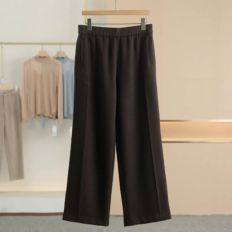 

Comfortable Straight Leg Casual Pants with Cashmere Silk Casual High Waist Elastic Closure Pure Color Women's Autumn Winter N...