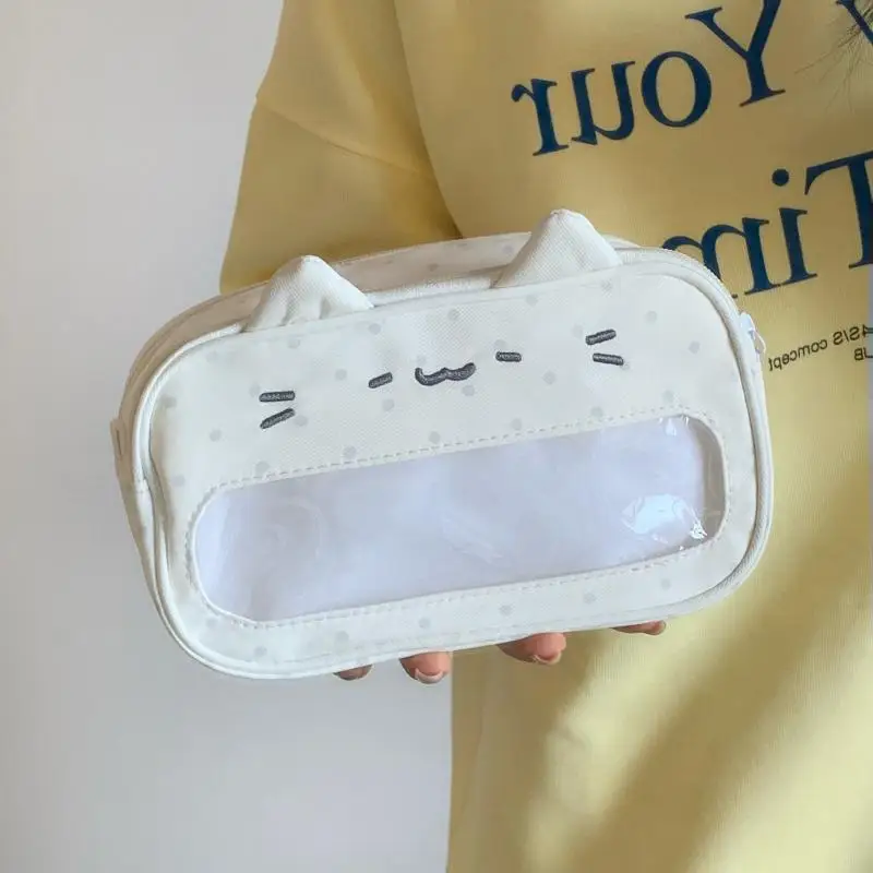 Wave Point Kitten Stationery Bag With Clear Window Large Capacity Pencil Case Portable Stationery Organizer Makeup Bag Gift