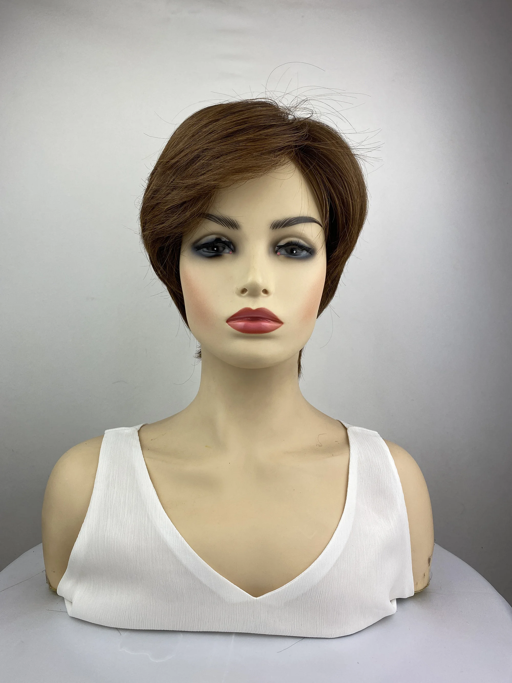 

Brown Short Layered Straight Wig with Side Bangs - Heat Resistant Fiber Wig for Women, 10 Inches, Ideal for Costumes