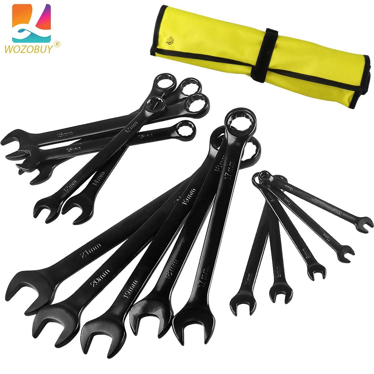 WOZOBUY Combination Wrench Set,  Open-End Wrench Set, Metric Sizes 6mm to 24mm for Large Vehicles, Black Oxide Finish