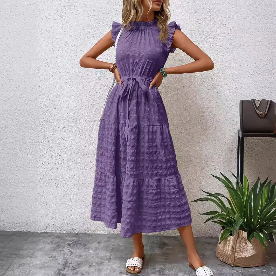 Elegant Women\'s Summer New Fashion Wooden Ear Edge Flying Sleeve Lace Up Texture Dress Purple  Sleeveless Lace Up Long Dresses