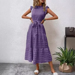 Elegant Women's Summer New Fashion Wooden Ear Edge Flying Sleeve Lace Up Texture Dress Purple  Sleeveless Lace Up Long Dresses