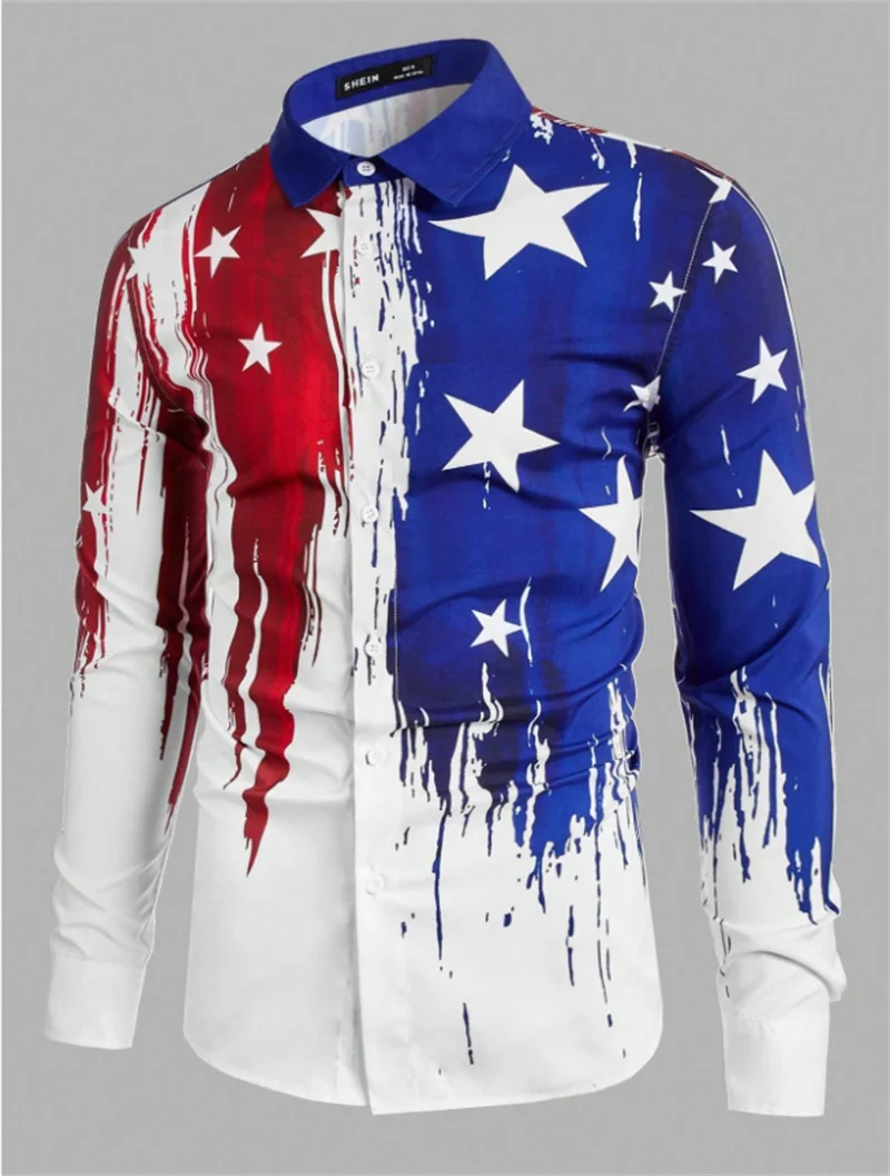 Men's Casual American Flag Shirt Button Long Sleeve Shirt Spring And Autumn Suit Men's Lapel Shirt Feather Shirt