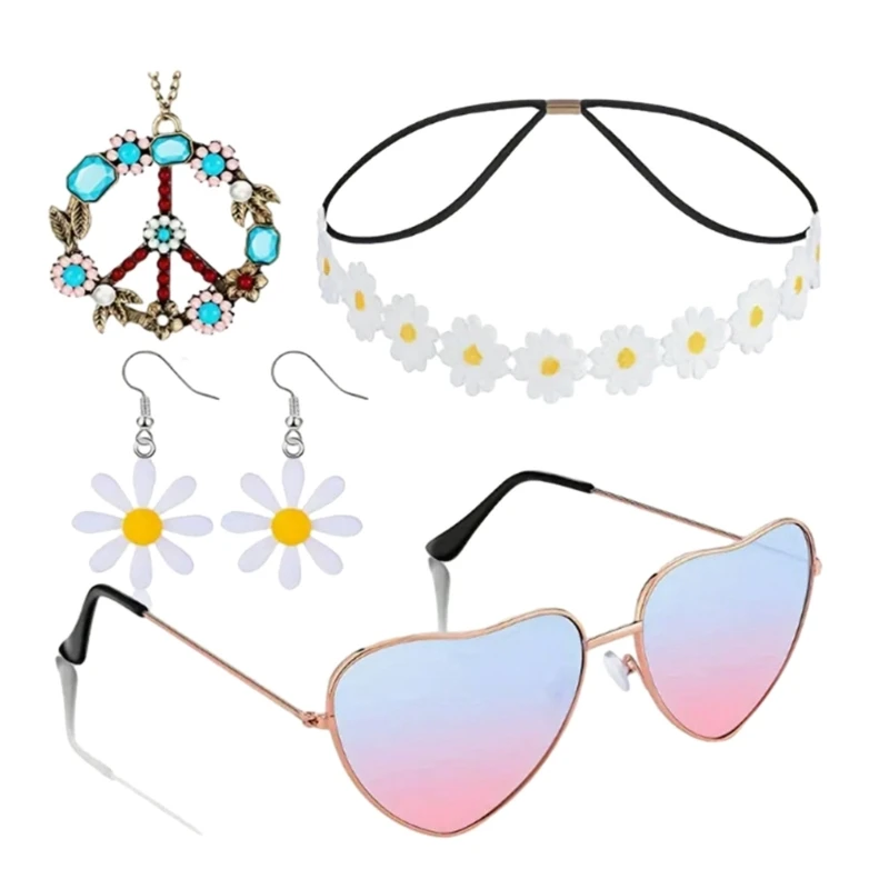 Hippie-Kostümzubehör für Damen, Hippie-Sonnenbrille, Blumenohrringe, Stirnband