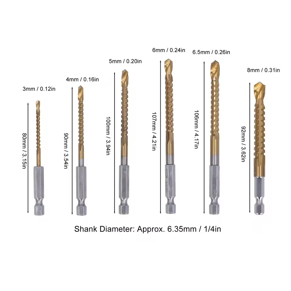 6 Pcs Set Twist Drill Bit 3mm 4mm 5mm 6mm 6.5mm 8mm Ti Coated HSS Twist Serrated Drill Bit With 1/4in Hex Shank