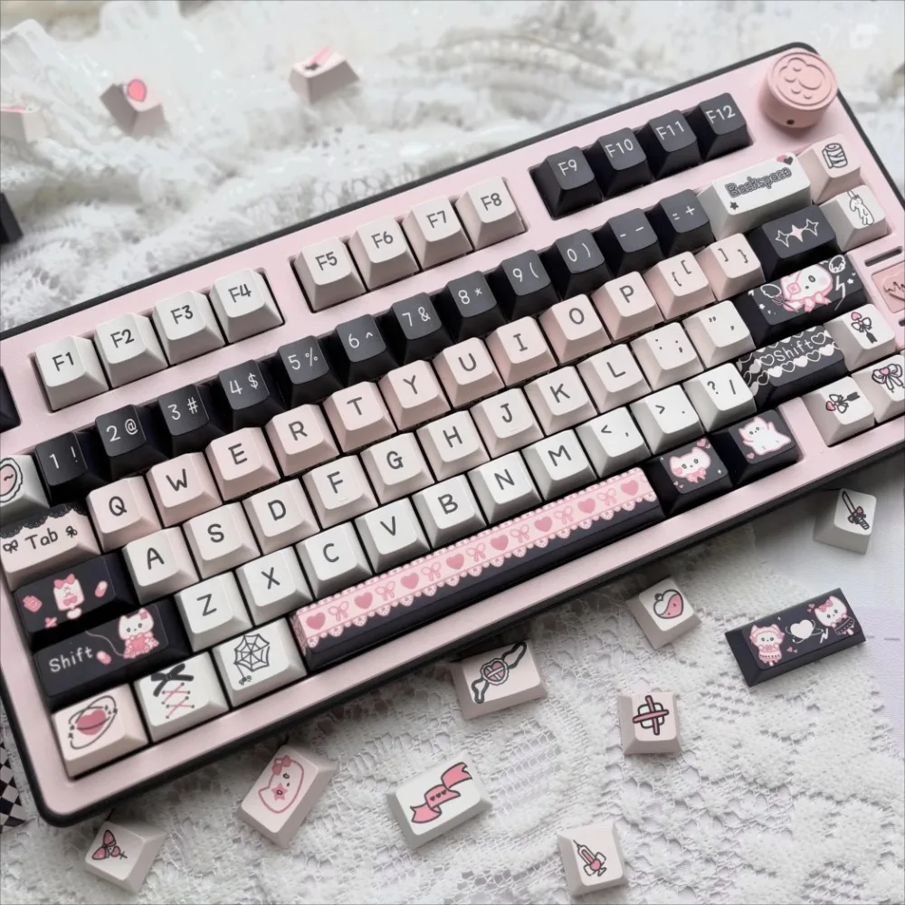 lace kitten theme keyboard cap grupo bonito pbt personalizado girl keyboard cap perfil moa gaming keycap para teclado mecanico 130 teclas 01