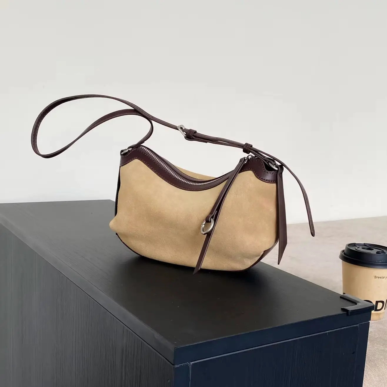 Matte Suede Genuine Leather Hobo Bag Women's Half Moon Underarm Shoulder Crossbody Bag Vintage Zipper Ladies Daily Handbag 2026
