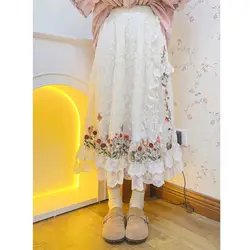 Flower Embroidery Cotton Linen Skirts Women Spring Summer Japanese Style Mori Girl Elastic Waist Loose Lace A-line Skirt