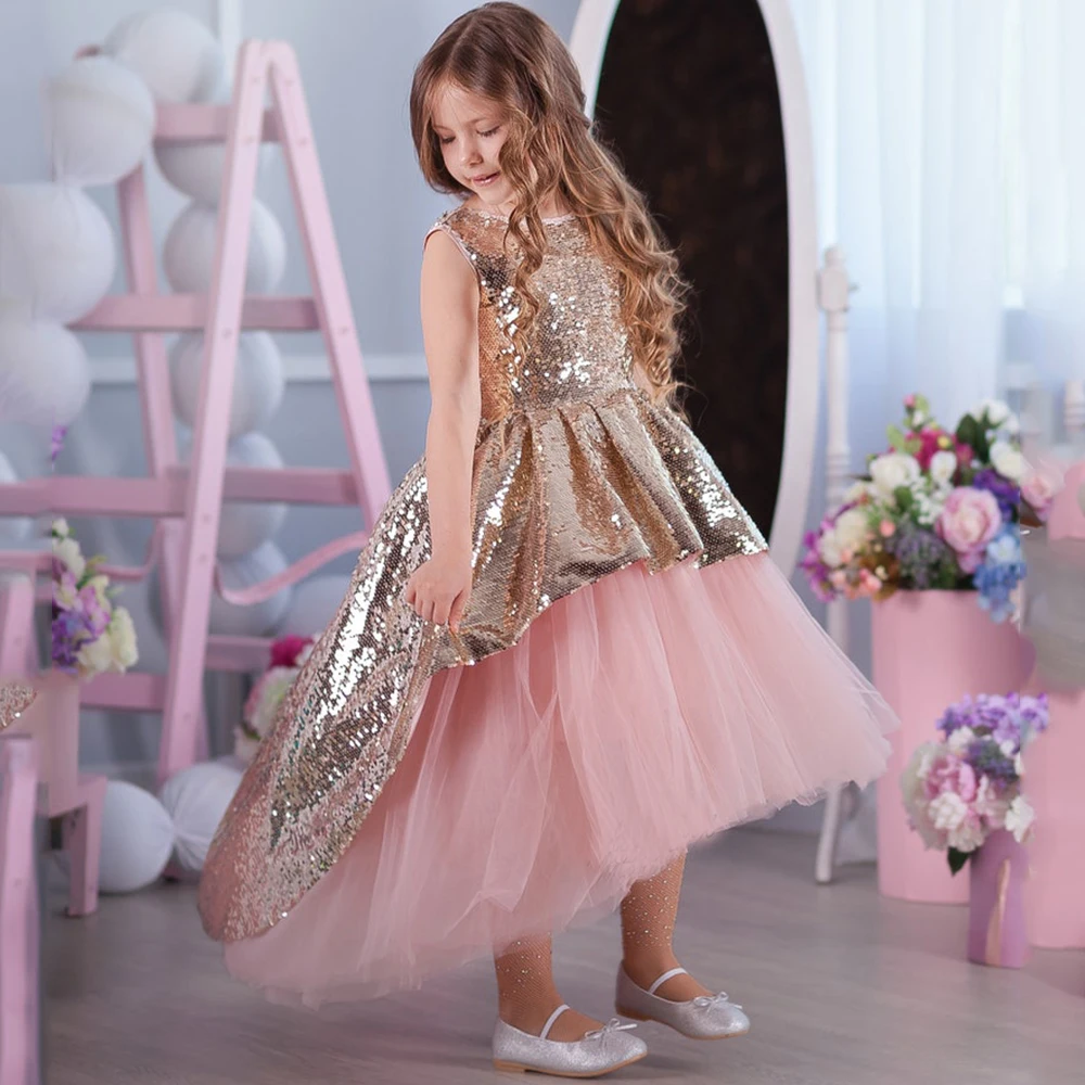 Chic Baby Birthday Party Dress Sequin and Tulle Sleeveless A-Line Ankle Length Backless Shiny Girls Flower Dresses for Wedding