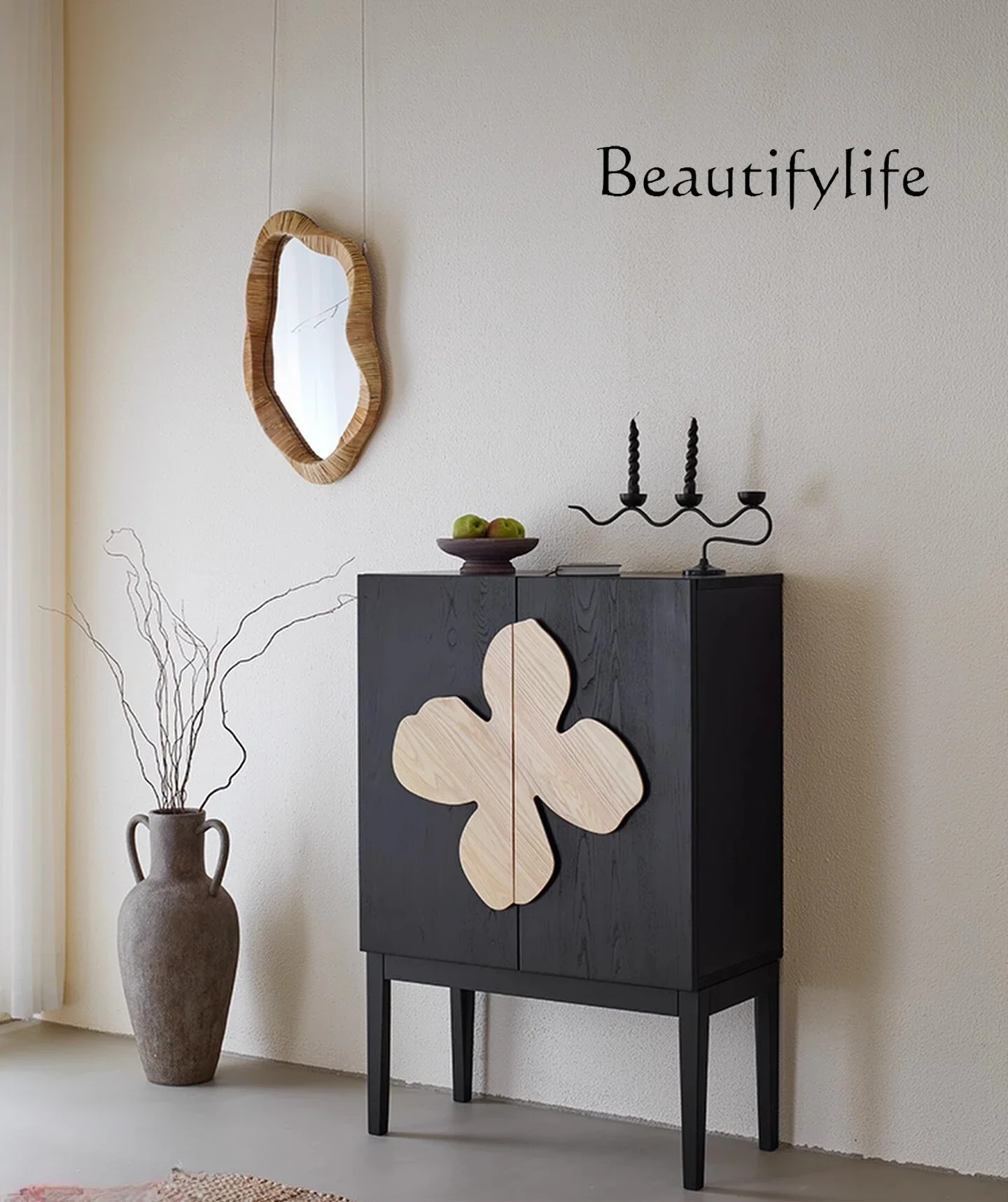 QP  Light Sandalwood Medium Ancient Style Retro Solid Wood Dining Side Cabinet, Living Room Storage Cabinet, Entrance Cabinet