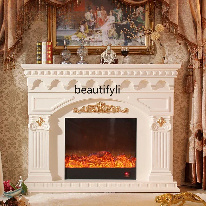 A  European Style Fireplace Core French Retro Simulation Flame Electric Fireplace Core Solid Wood Curio Cabinet