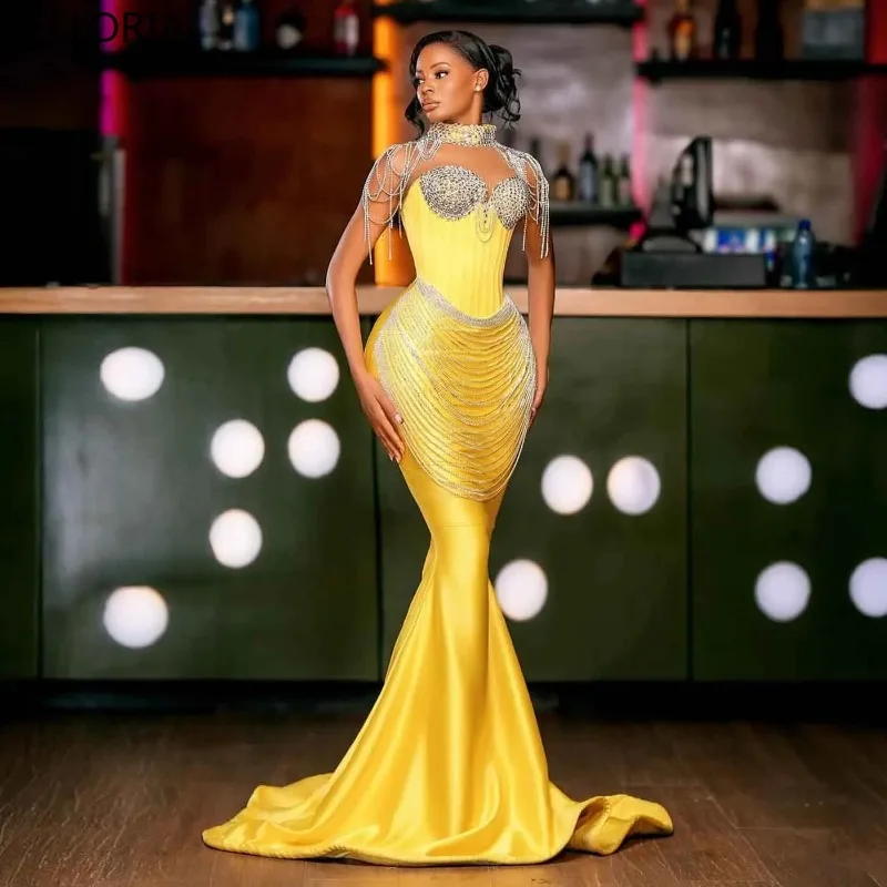 

Yellow Mermaid Evening Gown for African Women Crystal Beaded Chain Tassel Cape Prom Dress Long Bodycon Sexy Party GownCustomized