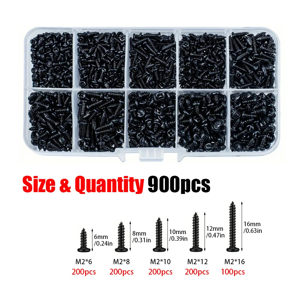 900 PCS M2 Micro Black High-Strength Self-Tapping Screws, Size: 6mm-16mm, Suitable for Wood and Soft Metal Materials
