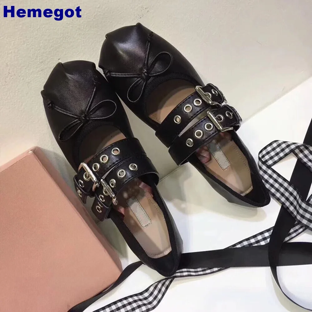 Round Toe Bow Rivet Ballet Shoes Summer Shallow Street Sweet Belt Buckle Cross Strap Casual Shoes Fashion Women\'s Flat Shoes