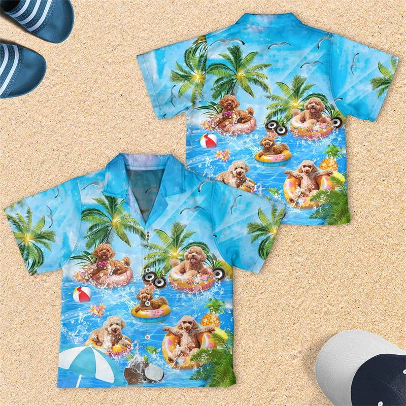 Leuke Hond Surfen Zwemmen Grafische Shirts Voor Mannen Bulldog Rottweiler Revers Blouse Kawaii Dames Revers Blouse Aloha Vakantie Tops