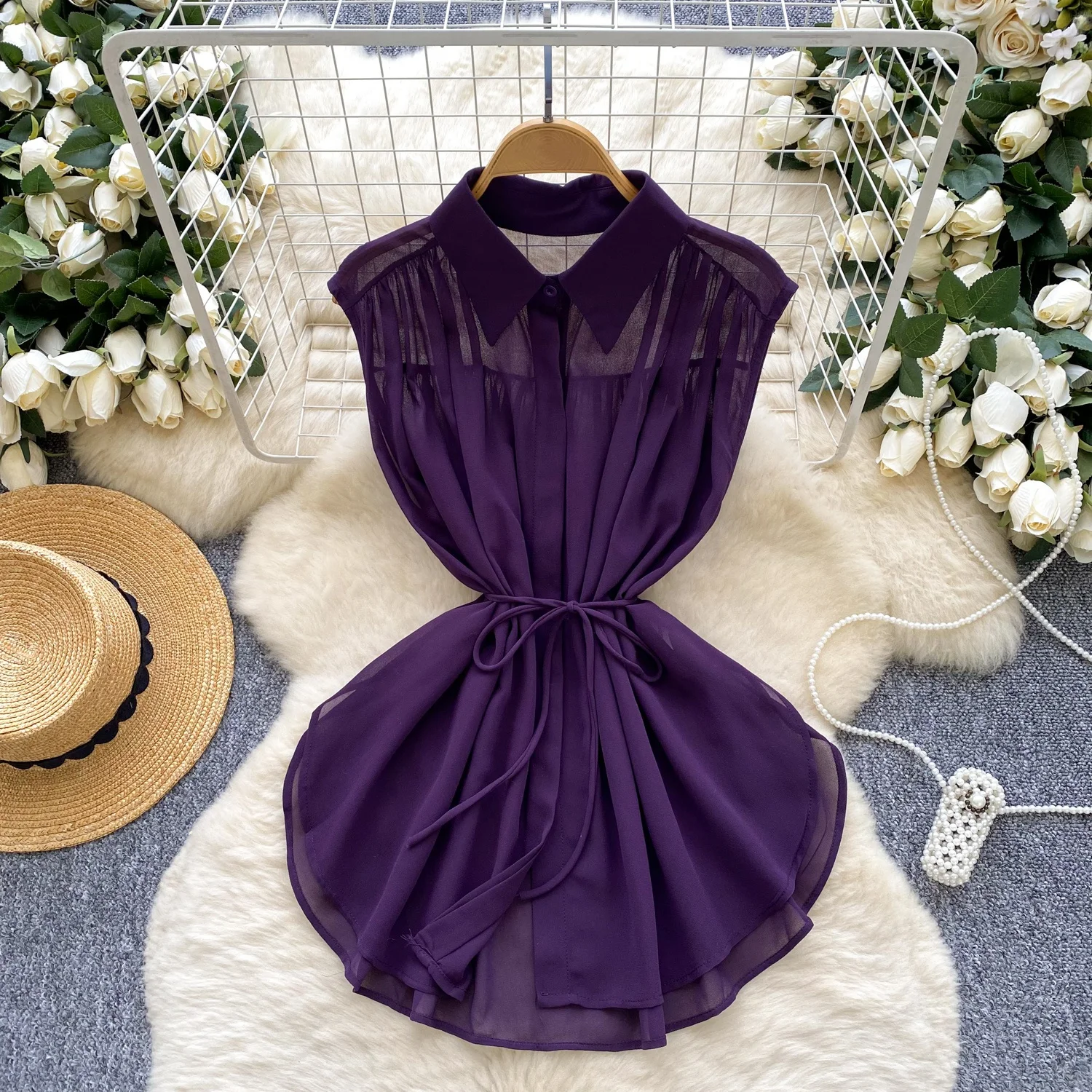 

Clothland Women Elegant Loose Chiffon Blouse Sleeveless Sashes Oversized Shirt Female Summer Casual Tops Blusa WA349