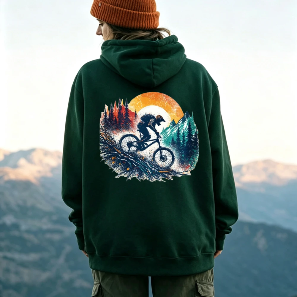 Watercolor Mountain Biker Sunset Pine Forest Graphic Hoodie MTB Downhill Rider Vintage Nature Landscape Art Pullover Sweatshirt