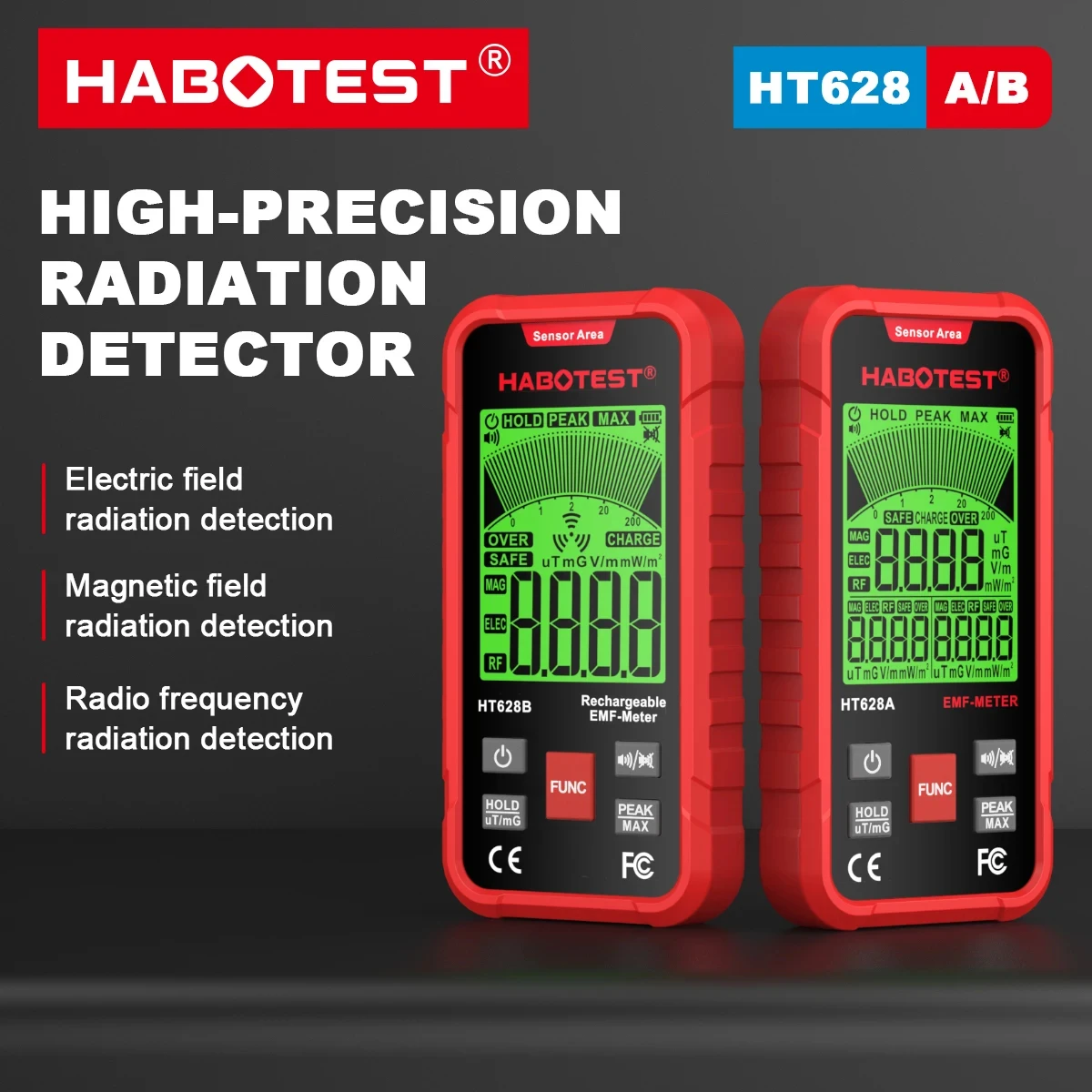 HABOTEST HT628 EMF Meter Electromagnetic Radiation Tester Electric Field Magnetic Field RF Radiation Radio Frequency Detector