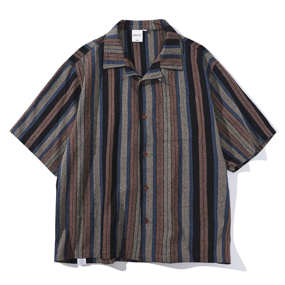 

Vintage Stripe Casual Shirts Men Cuban Collar Short Sleeve Shirt for Men Summer Cotton Japan Style Harajuku Blouses Mens Clothes