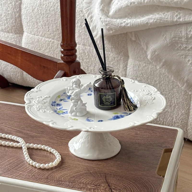 

French Vintage Lace Embossed Tall Ceramic Tray Afternoon Tea Snack Cake Dessert Decorative Ornament