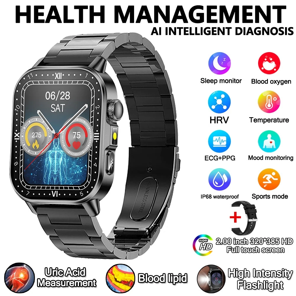 2026 Nieuwe Gezondheid Verpleging Grade Smart Horloge Mannen Bloedlipiden Urinezuur Tracker ECG + PPG Klok Bluetooth Oproep Smartwatches Mannen vrouwen