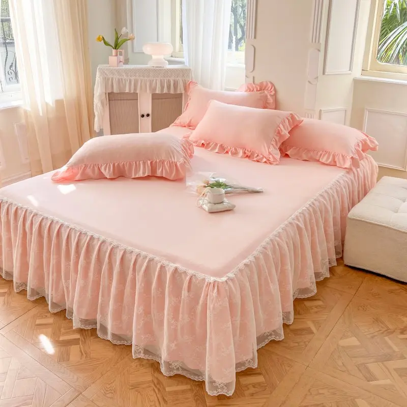 Korean Style Princess Lace Embroidery Bed Skirt Pillowcase Pink Washed Cotton Bedding Bedspread Mattress Cover with Rubber band