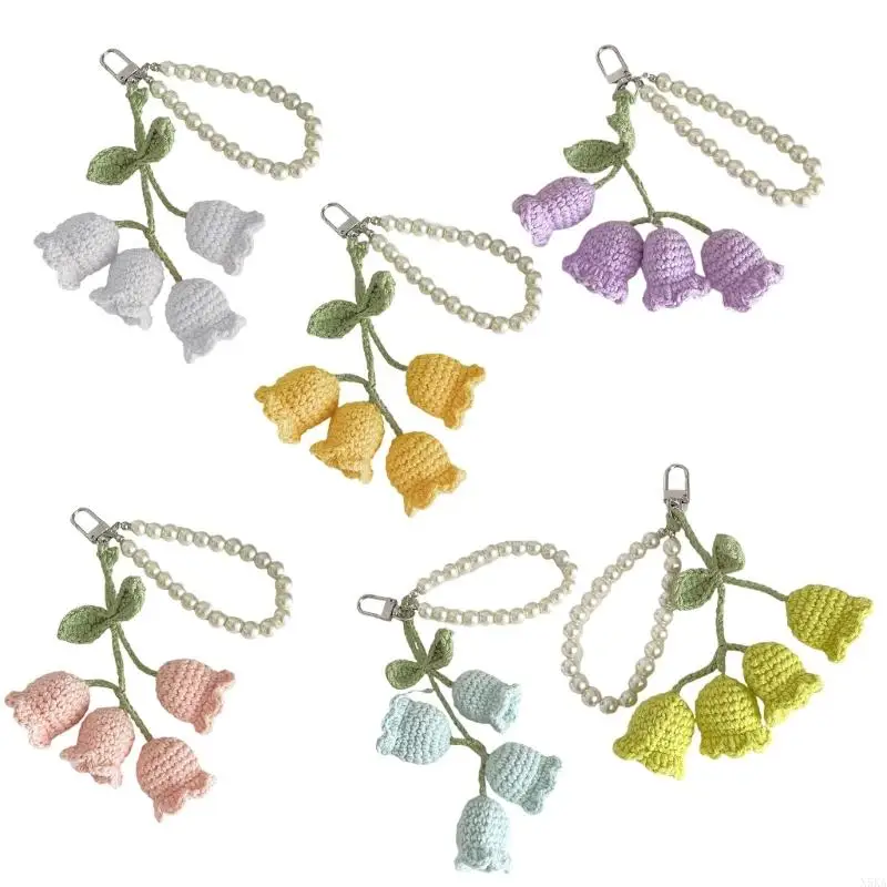 N5KA Pears Chain and Flower Keychain Knitted Bag Pendant Colorful Keyring for Women