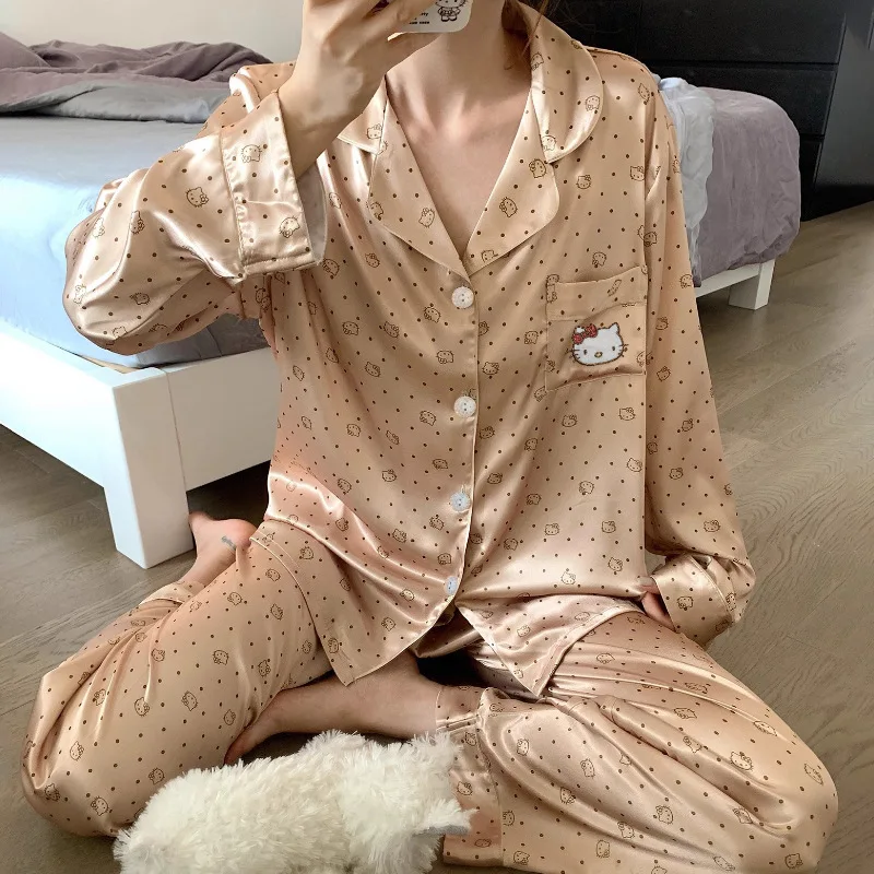 Anime Cute Sanrio Hollo Kitty Women\'s Pajamas Spring Autumn Long Sleeve Loose Casual Cartoon Print Homewear Set Gifts for Girls