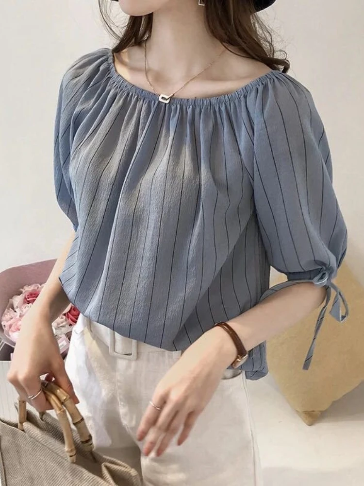 Neuer Stil Elegante Schulterfreie Gestreifte Chiffon-Bluse für Damen Locker Sitzende Laternenärmel-Oberteil Trendige Blusen