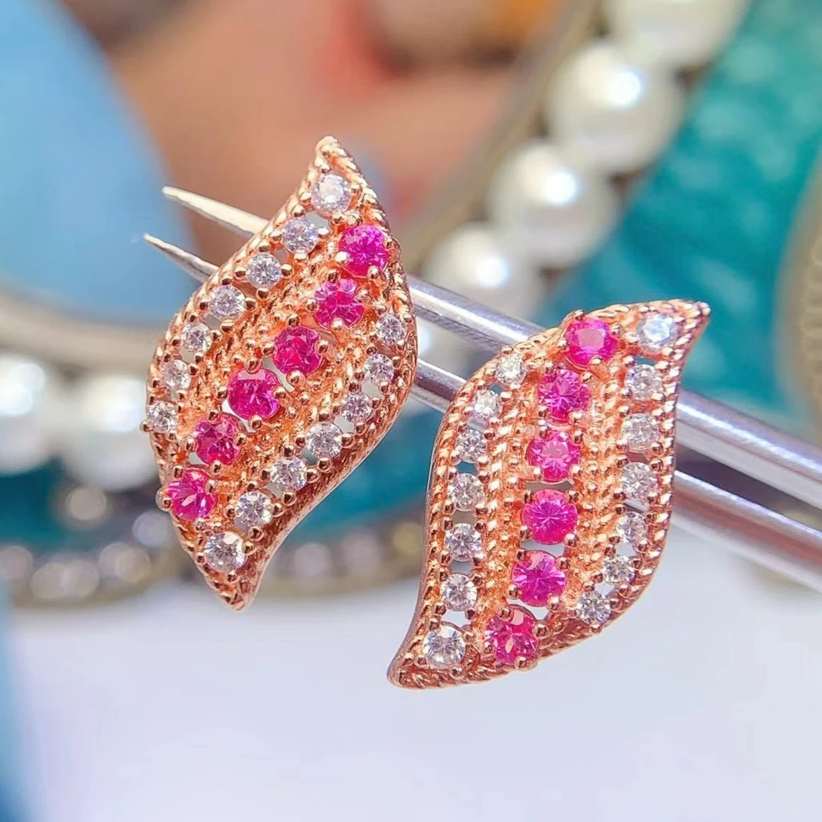 Luxury 925 Silver Natural Pink Sapphire Stud Earrings Rose Gold Plated  Leaf Shape Earrings for Wedding Party Jewelry