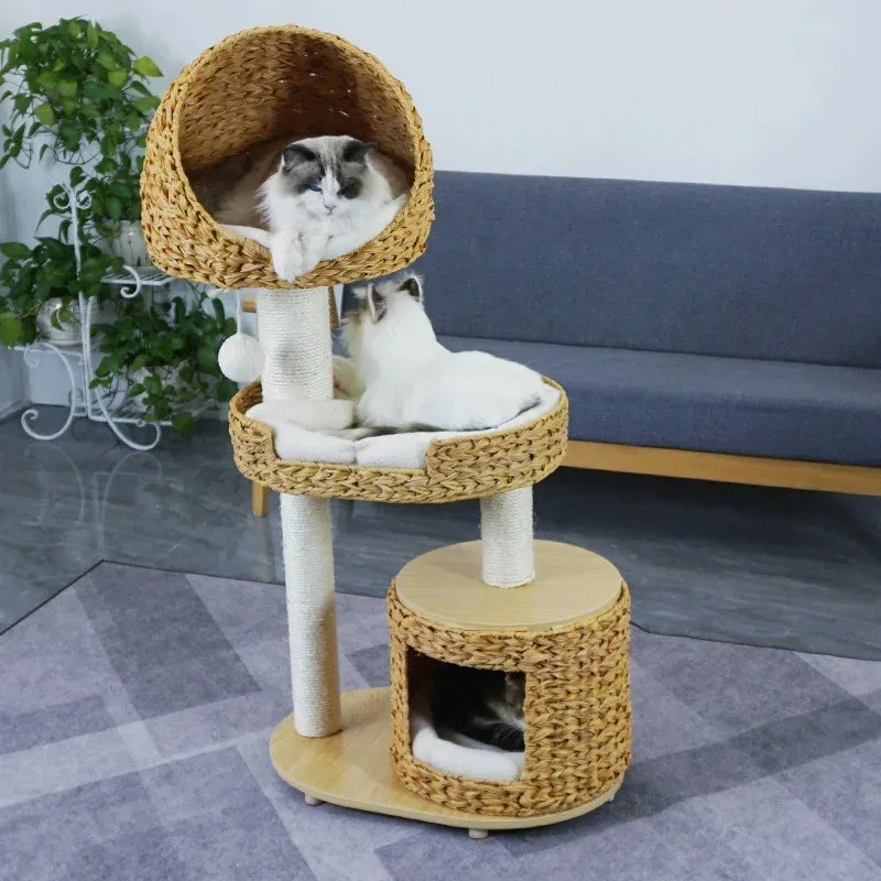 Solid wood pillar rattan cat climbing frame nest tree sisal scratching board cat jumping platform multi-story