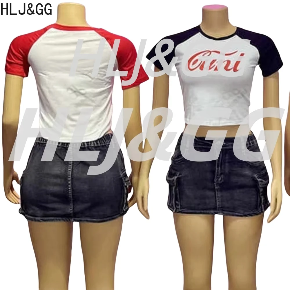 HLJ&GG Tendenza estiva Stampa di lettere Set da due pezzi Donna Girocollo Manica corta Slim Crop Top e gonne di jeans Abiti Streetwear