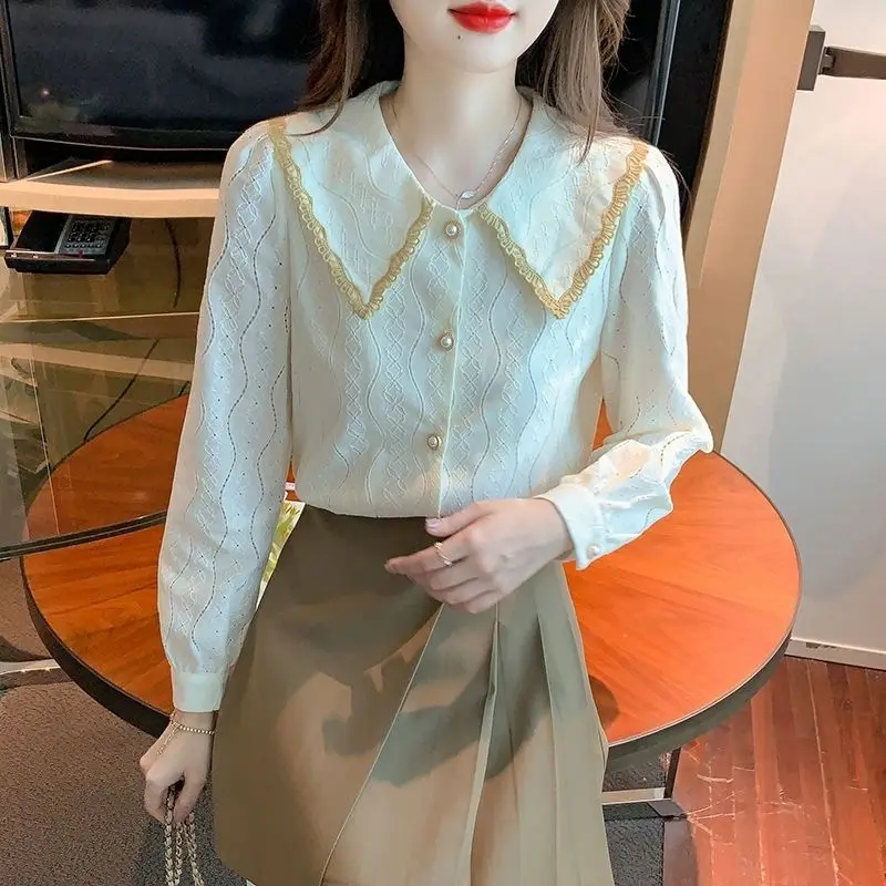 

Office Lady Contrast Patchwork Button Blouse Women Clothing Spring Autumn New Long Sleeve Lace Elegant Shirt Tops Fashion Korean