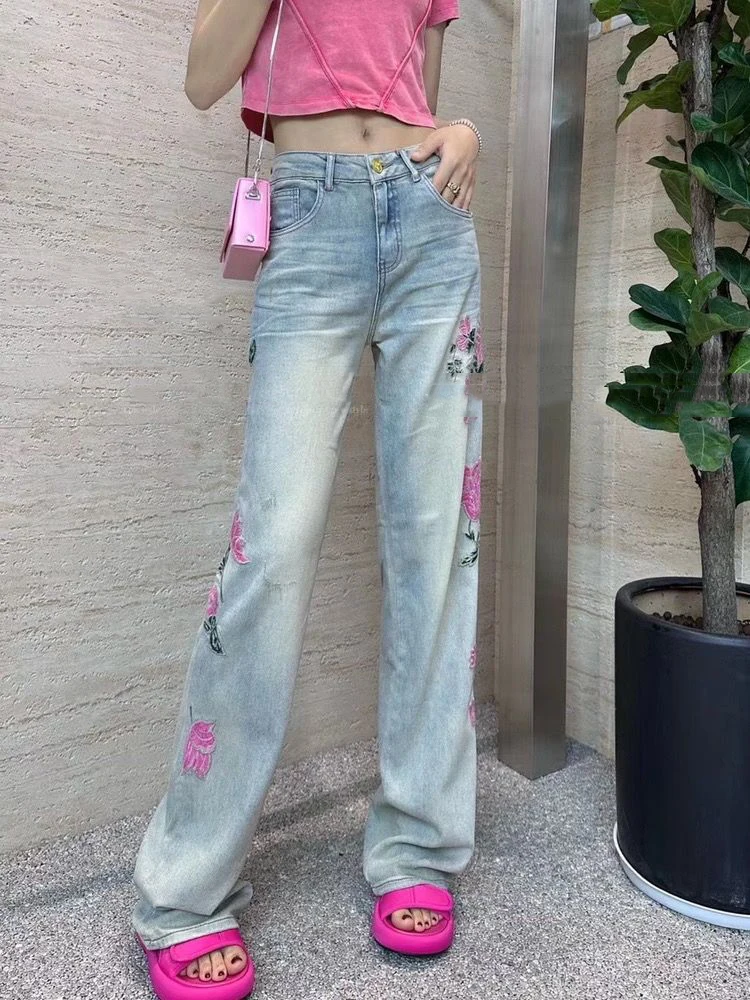 

Свободные джинсы женские ранней осени, новые тяжелые промышленные брюки с цветочной вышивкой пиона, утягивающие прямые брюки, широкие брюки