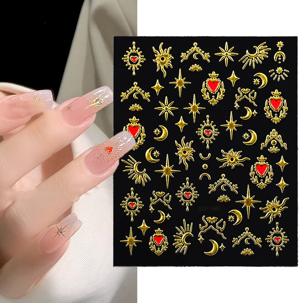 

Gold Bronzing Nail Art Stickers Red Heart Stars Moon Nail Sliders Decals Self-Adhesive Manicure DIY Finger Tips Nail Decorations