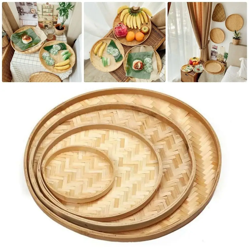 4 Size Hand-woven Bamboo Sieve Hand-painted Bamboo Raft Round Dustpan DIY Decorative Fruit Bread Basket Kitchen Storage Tray