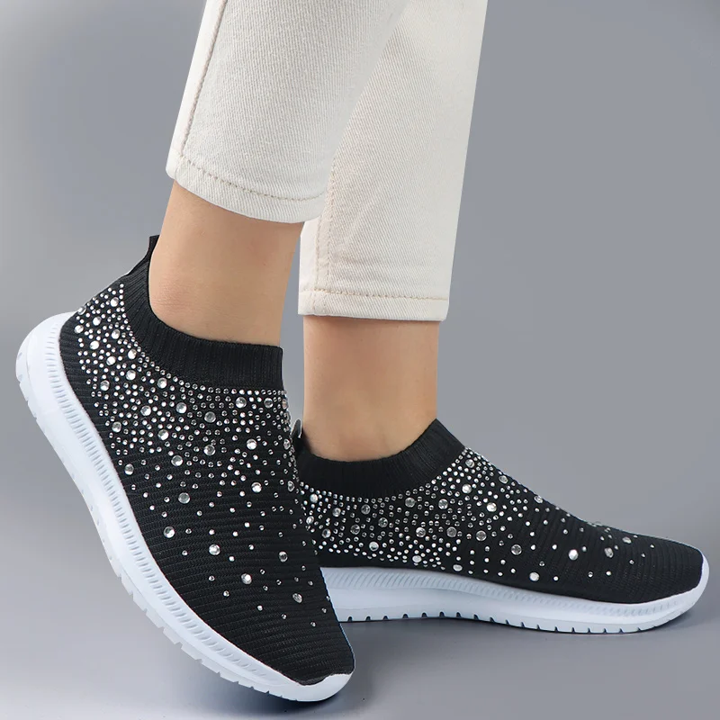 Vulcanized Sock Shoes 2023 Women Trainers Knitted Sneakers Ladies Slip-on Sparkly Crystal Zapatillas Mujer Casual Plus Size 43